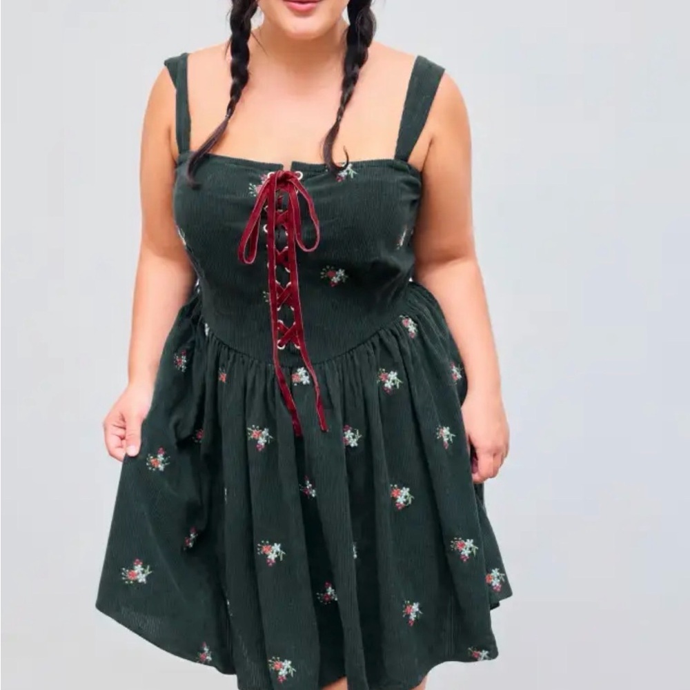 Green embroidered lace up square neck corduroy milkmaid cottagecore mini dress